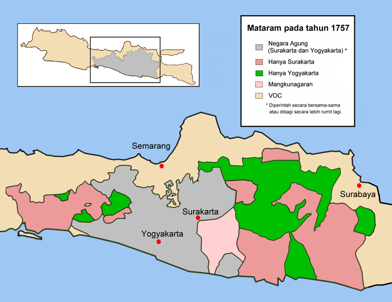 Peta pembagian Mataram pada tahun 1757 sebagai hasil dari Perjanjian Giyanti 